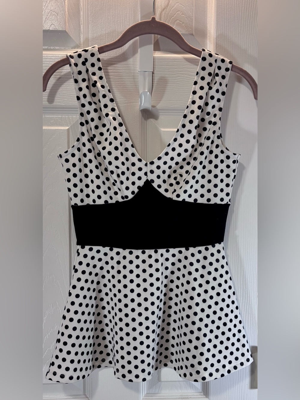 NWOT Unique Vintage Black and White Polka Dot Peplum Top Size 2-XS